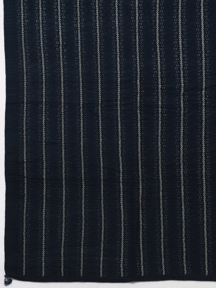 Navy Blue Woven Design Wool Women's Shawl