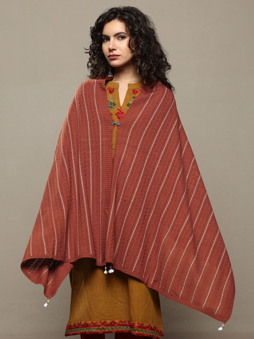 Rust Woven Design Wool Women's Shawl