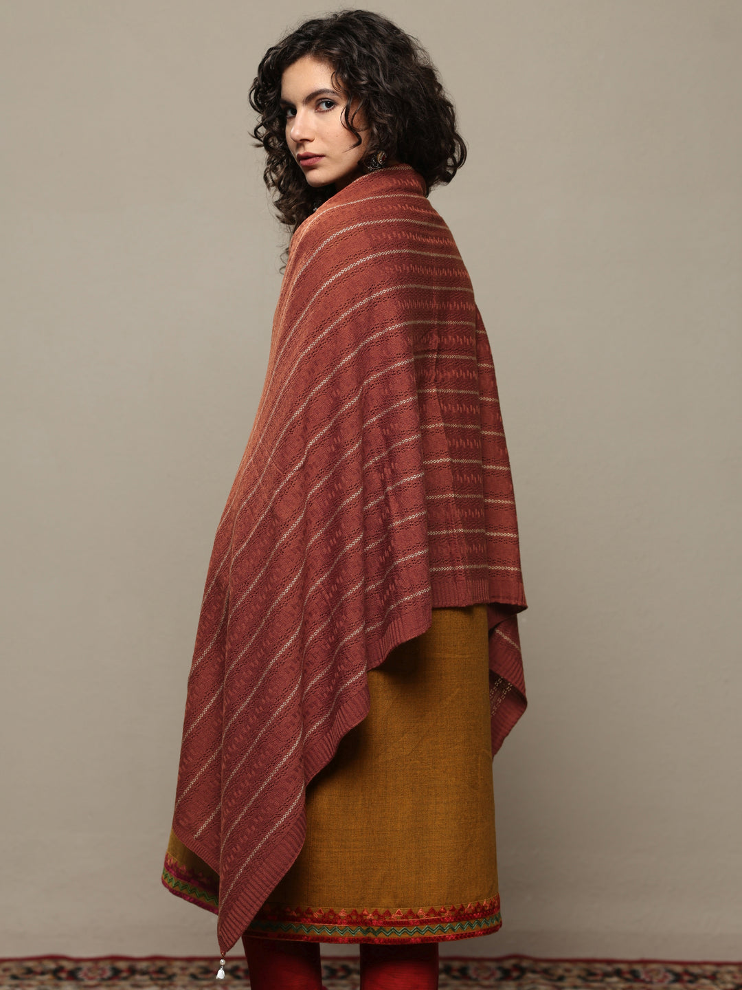 Rust Woven Design Wool Women's Shawl