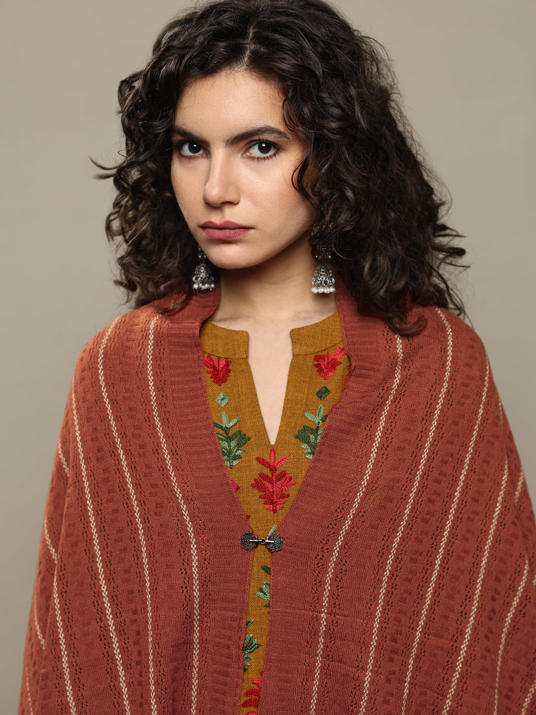 Rust Woven Design Wool Women's Shawl