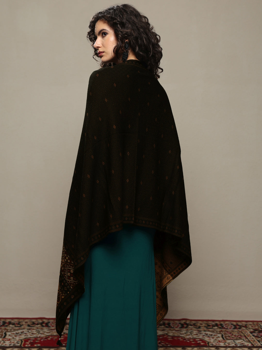 Black Woven Design Wool Women's Shawl