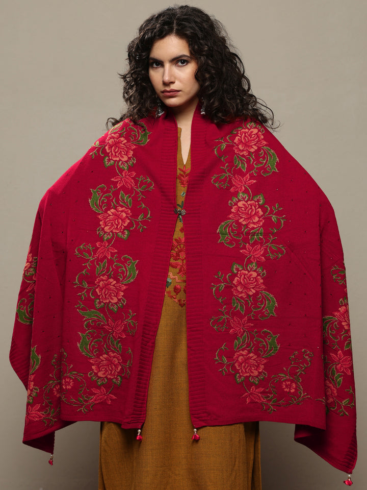 Red Woven Design Wool Women's Shawl