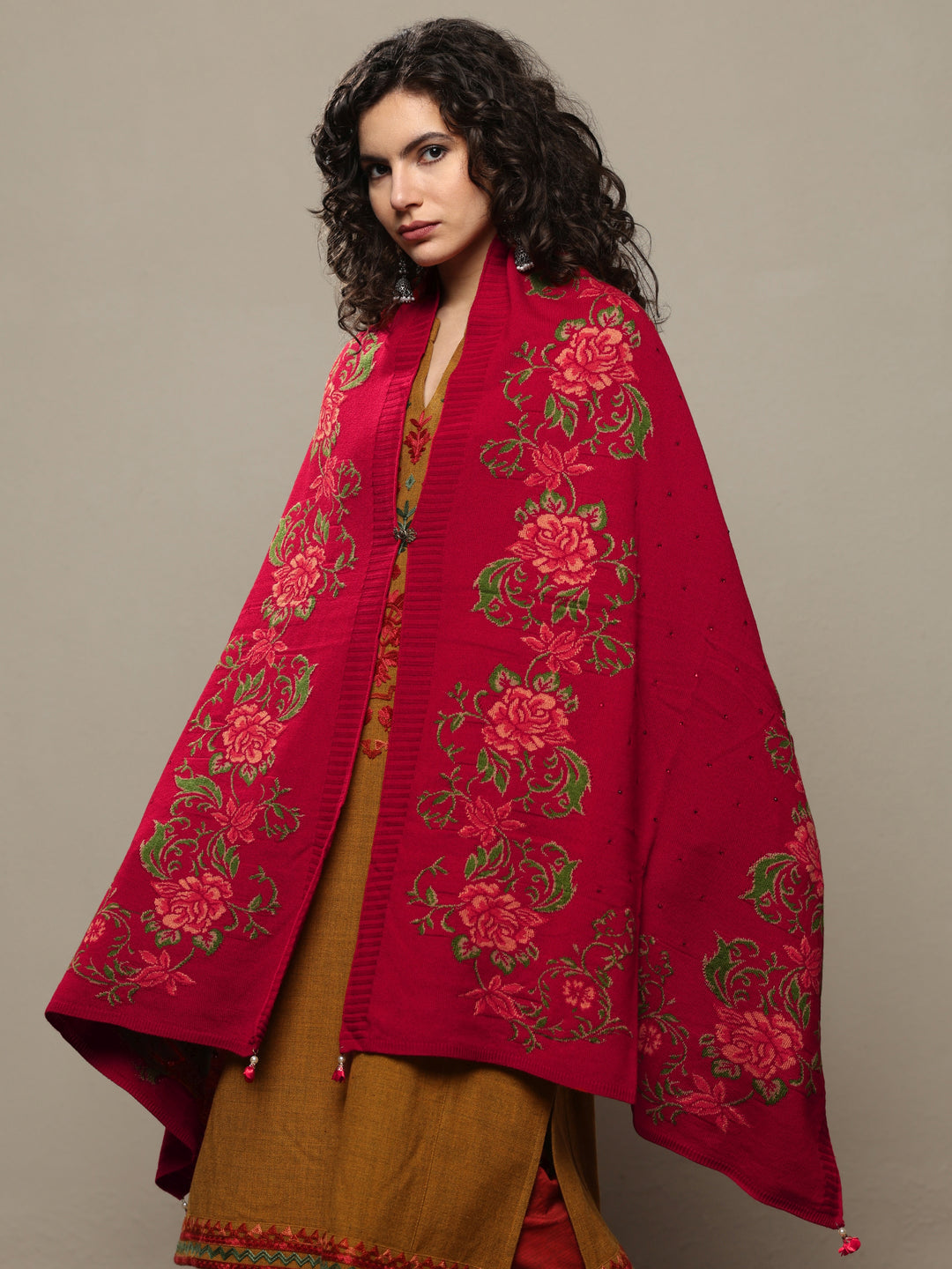 Red Woven Design Wool Women's Shawl