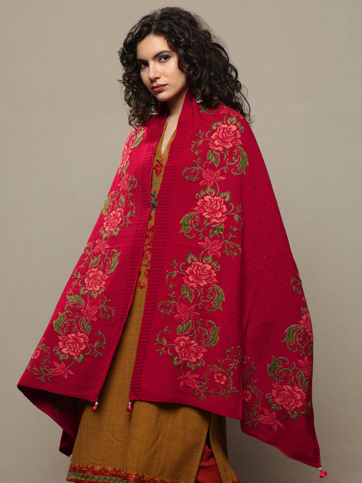 Red Woven Design Wool Women's Shawl