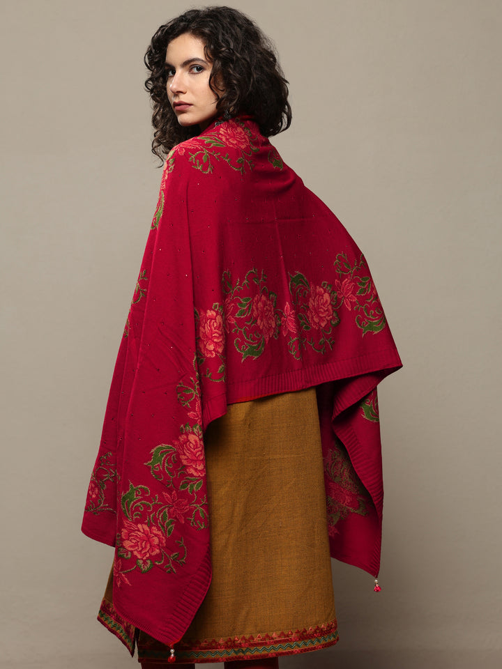 Red Woven Design Wool Women's Shawl