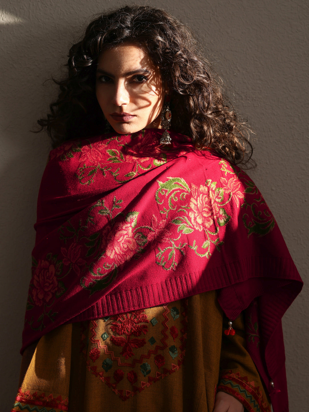 Red Woven Design Wool Women's Shawl