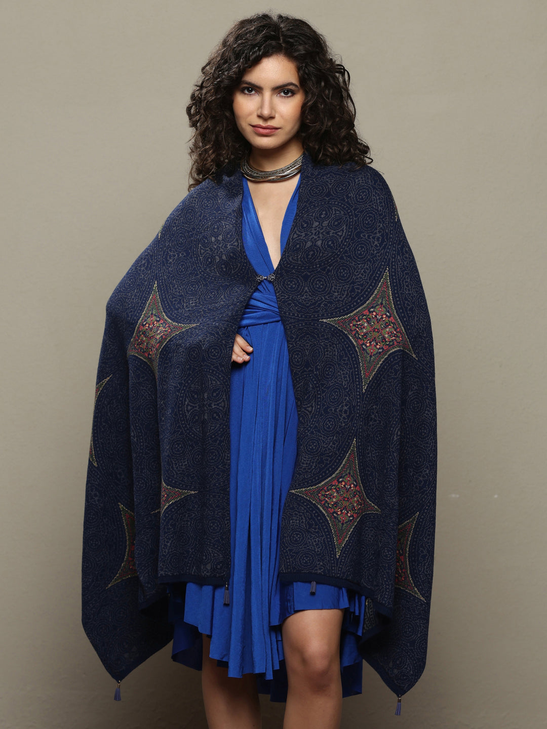 Blue Woven Design Wool Women's Shawl