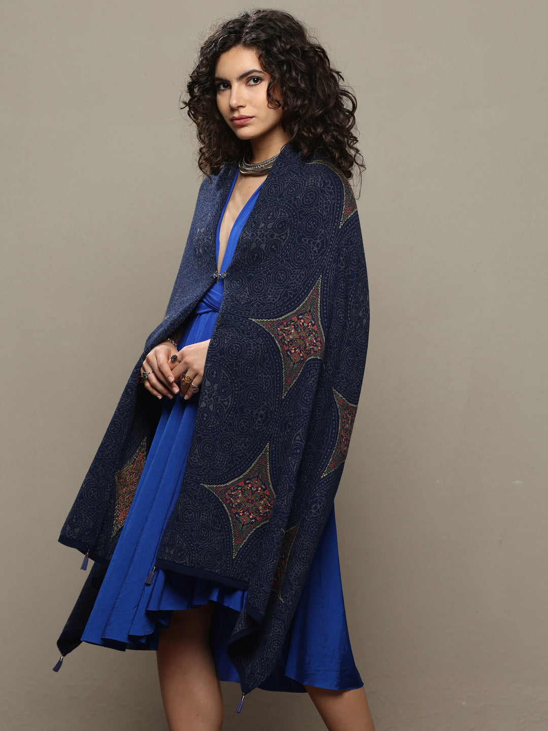 Blue Woven Design Wool Women's Shawl