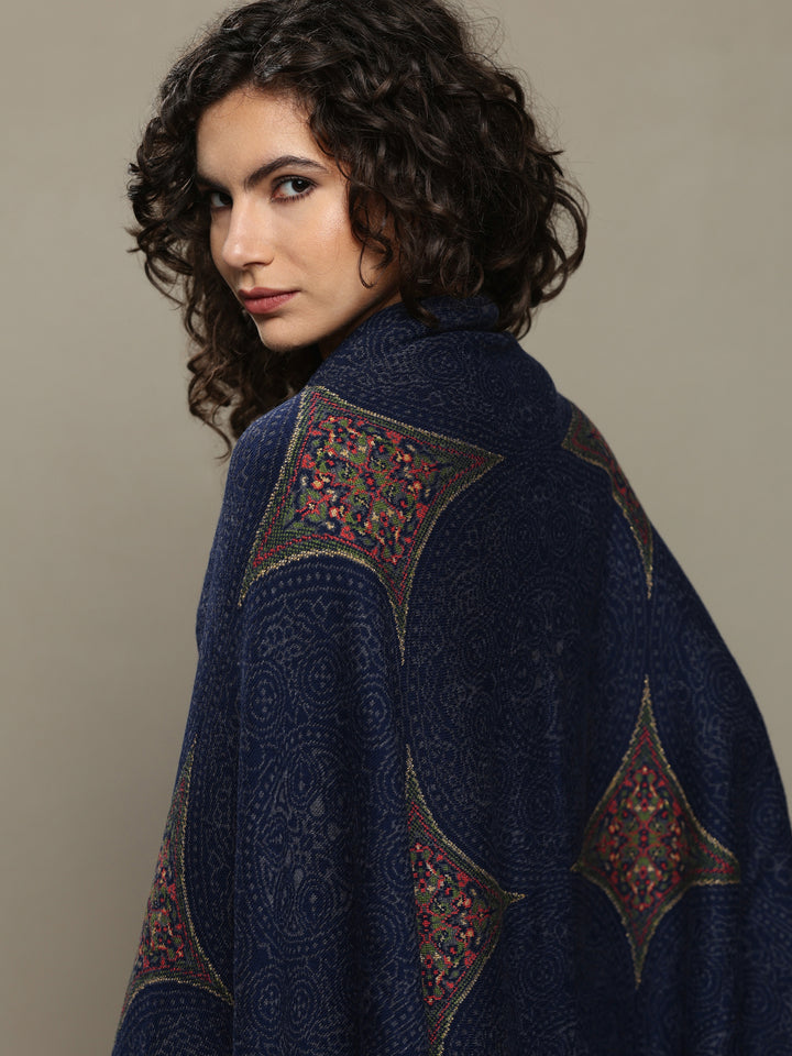 Blue Woven Design Wool Women's Shawl