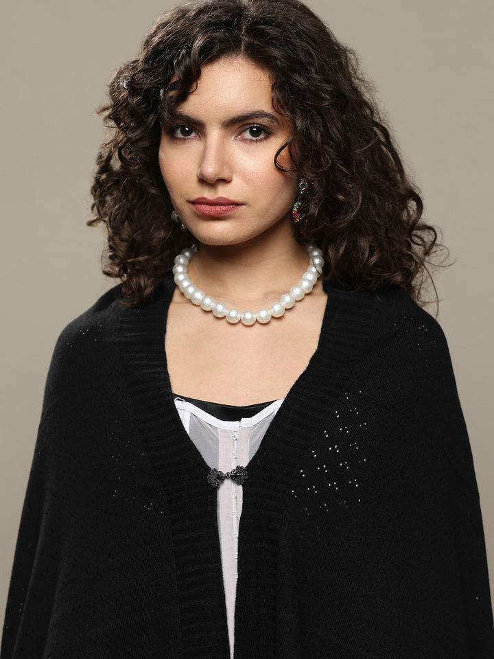 Black Woven Design Wool Women's Shawl