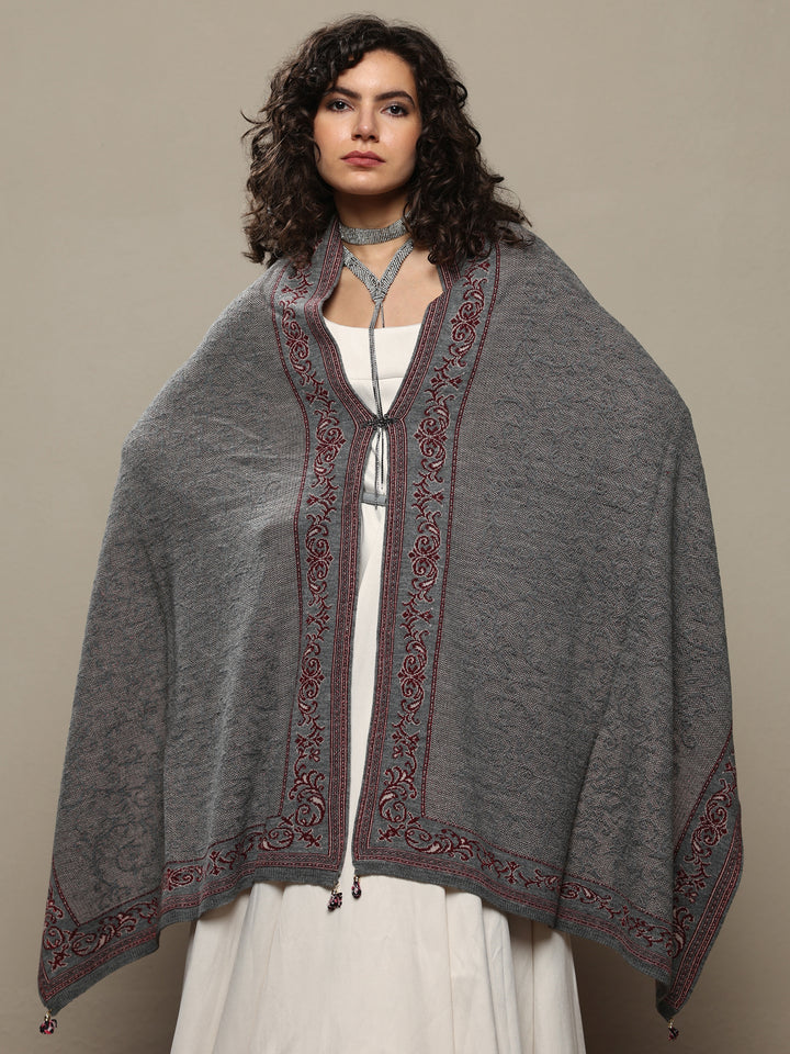 Grey Woven Design Wool Women's Shawl