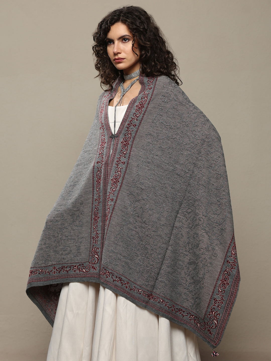 Grey Woven Design Wool Women's Shawl