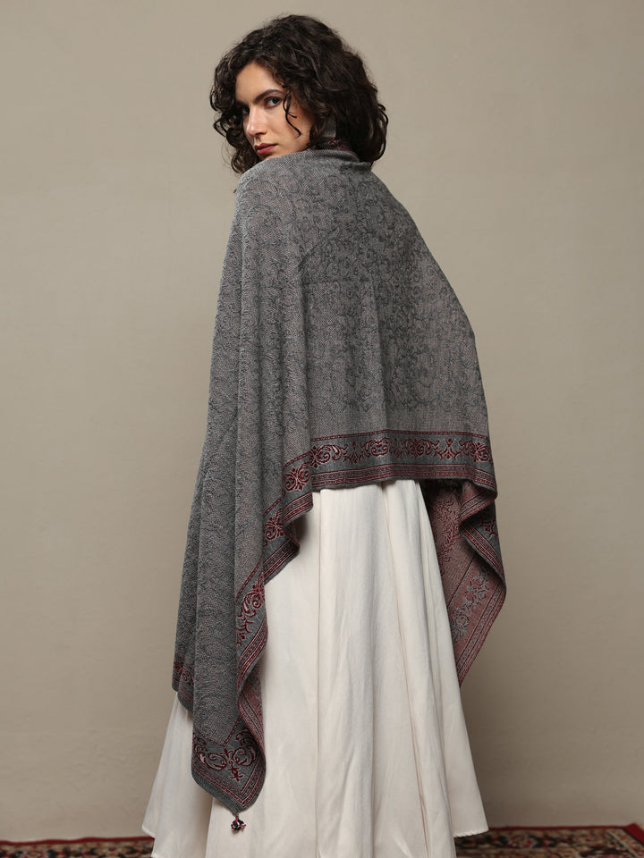 Grey Woven Design Wool Women's Shawl