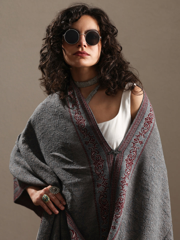 Grey Woven Design Wool Women's Shawl