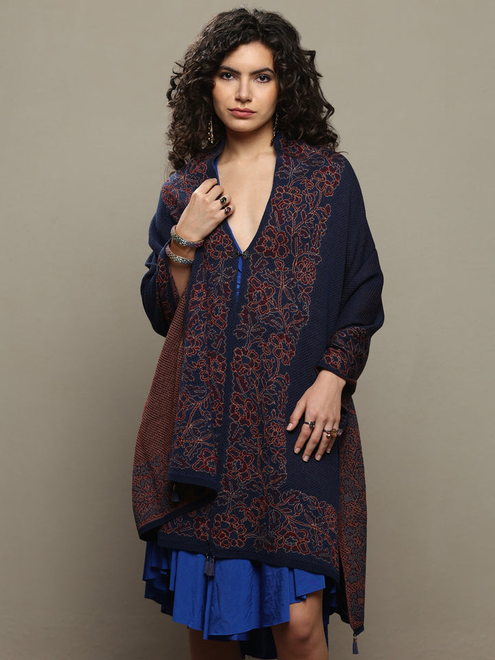 Navy Blue Woven Design Wool Women's Shawl