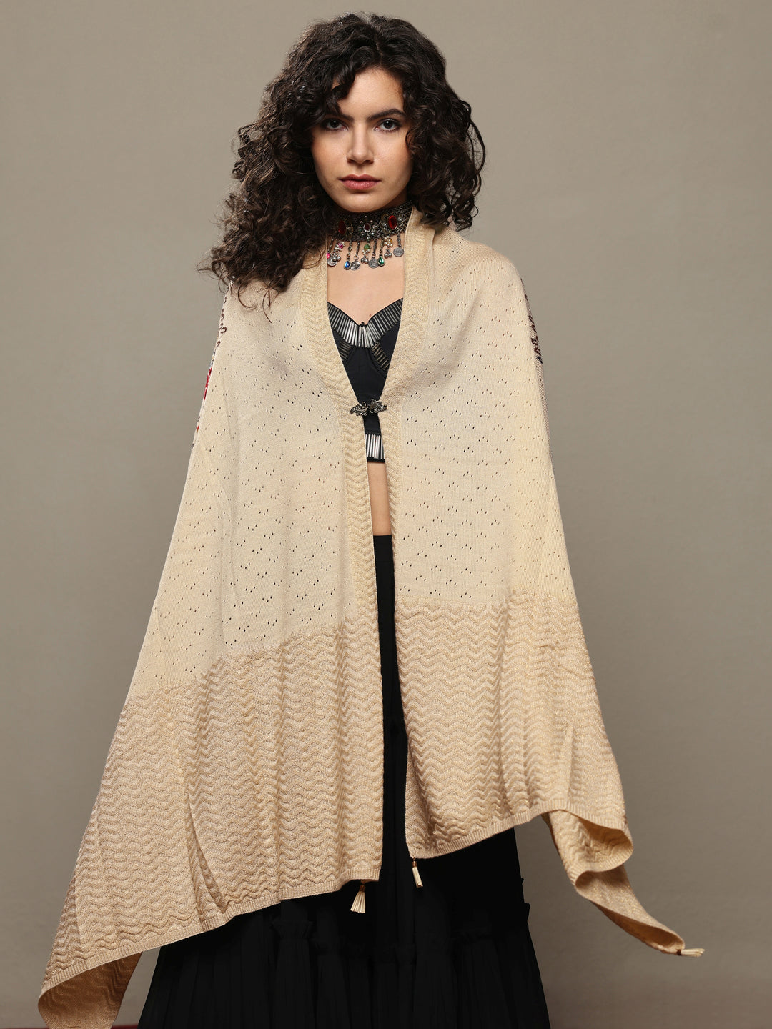 Cream Woven Design Wool Women's Shawl