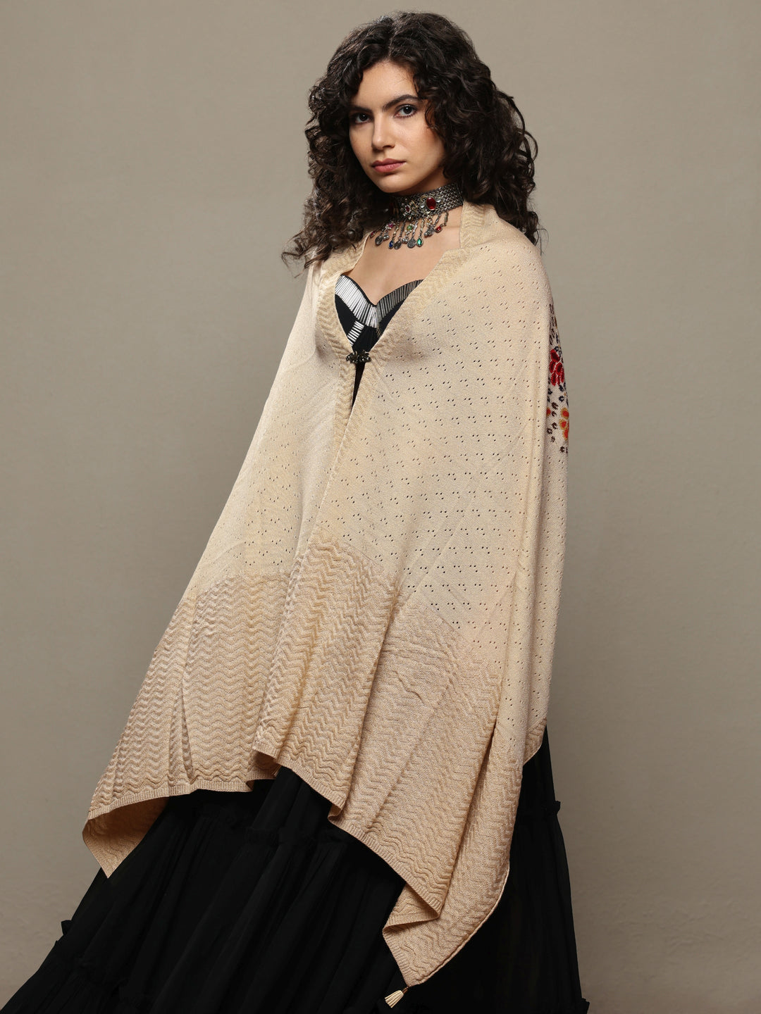 Cream Woven Design Wool Women's Shawl