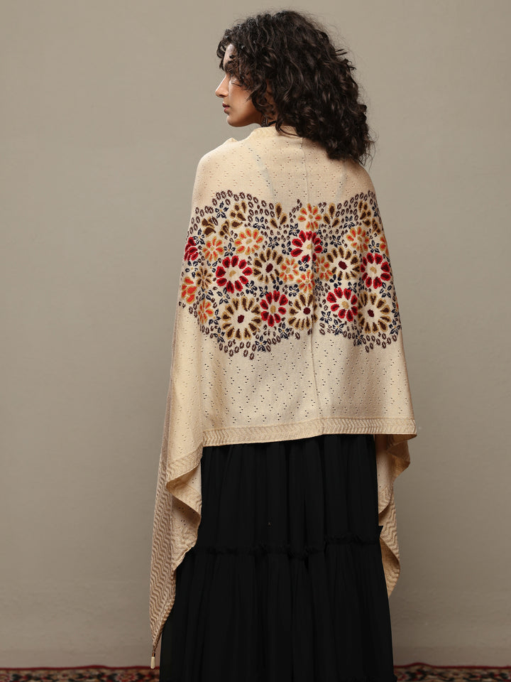 Cream Woven Design Wool Women's Shawl
