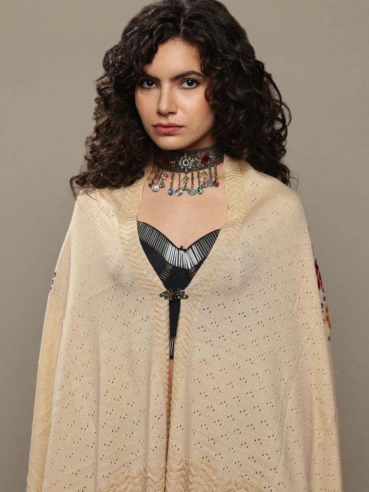 Cream Woven Design Wool Women's Shawl