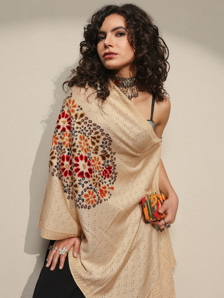 Cream Woven Design Wool Women's Shawl