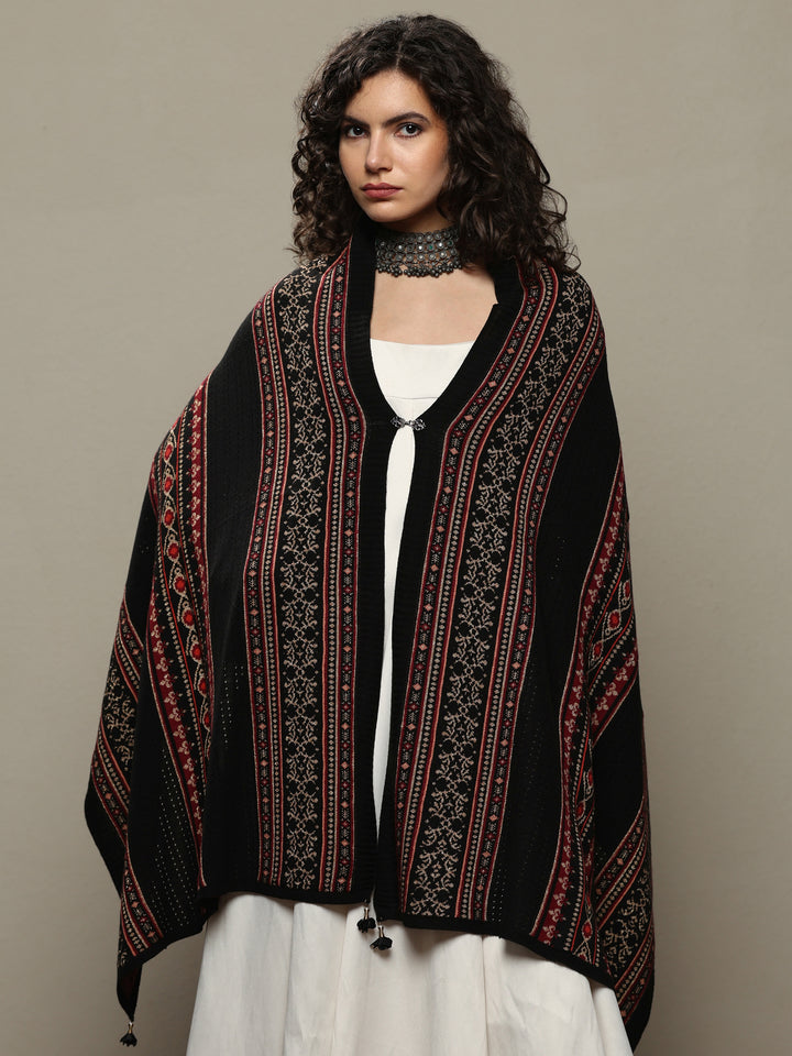 Black Woven Design Wool Women's Shawl