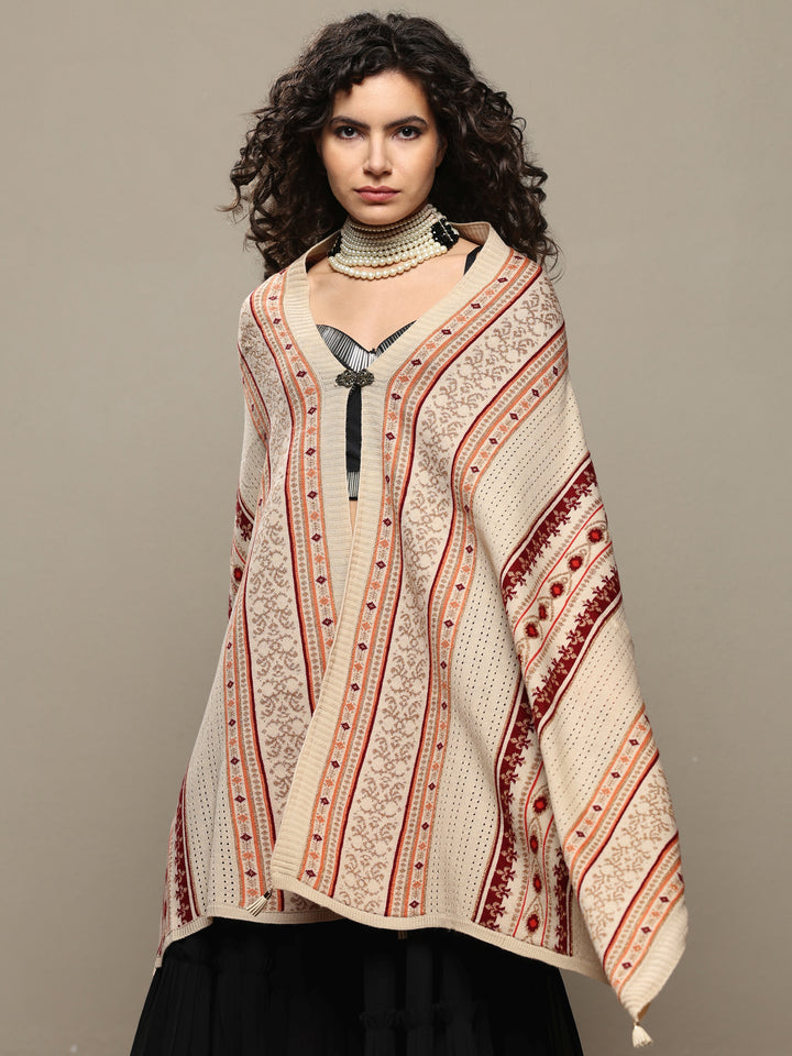 Cream Woven Design Wool Women's Shawl