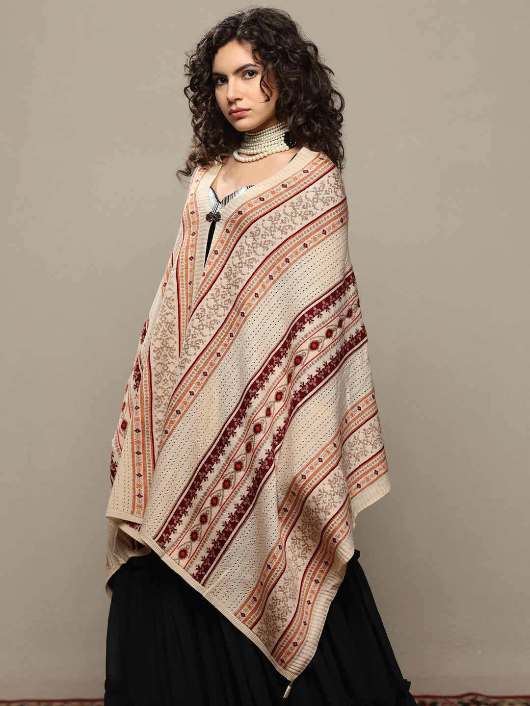 Cream Woven Design Wool Women's Shawl