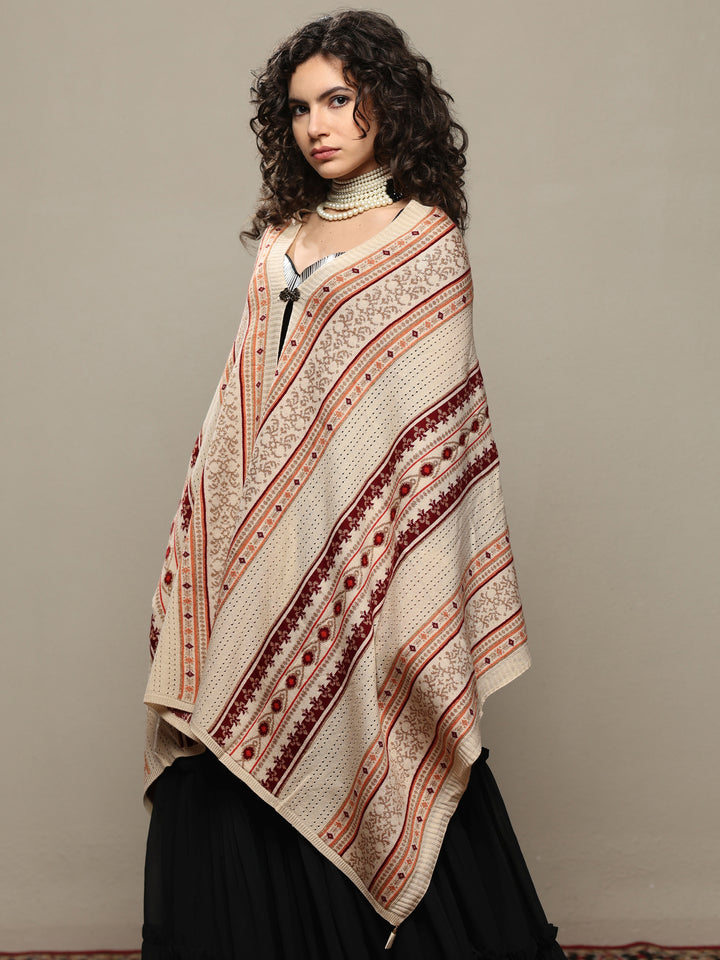 Cream Woven Design Wool Women's Shawl