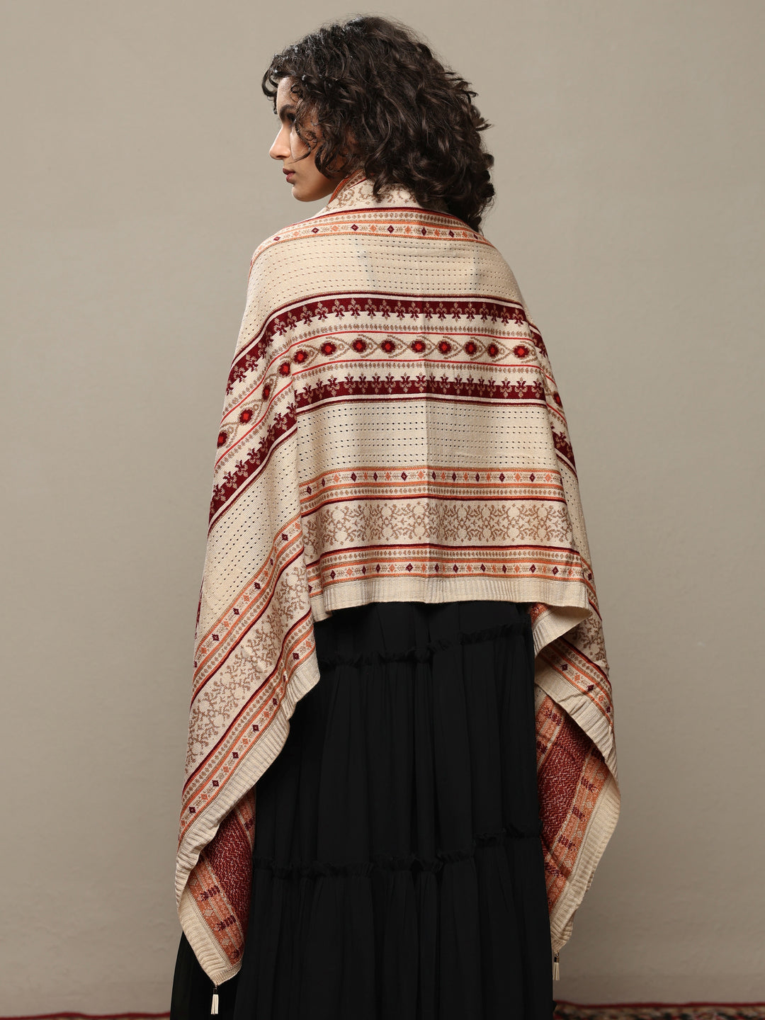 Cream Woven Design Wool Women's Shawl