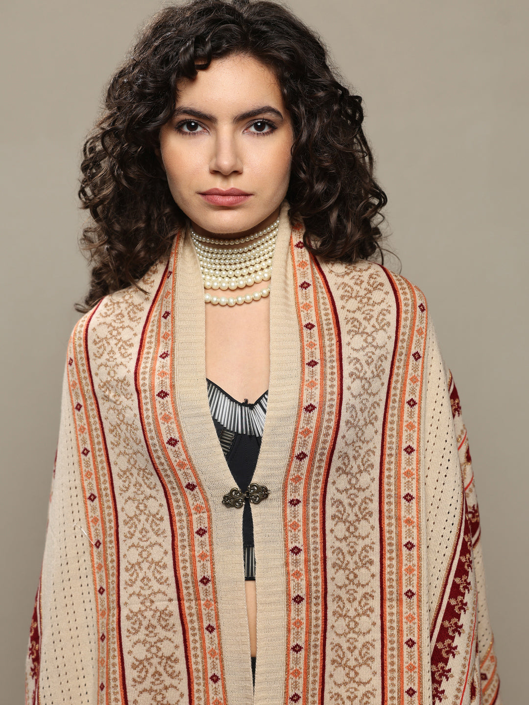 Cream Woven Design Wool Women's Shawl