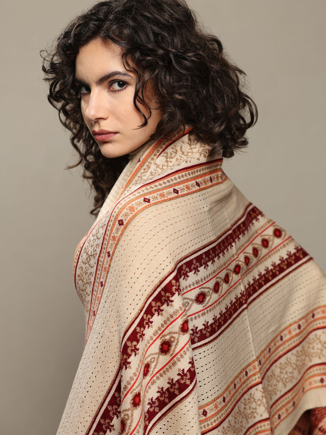 Cream Woven Design Wool Women's Shawl