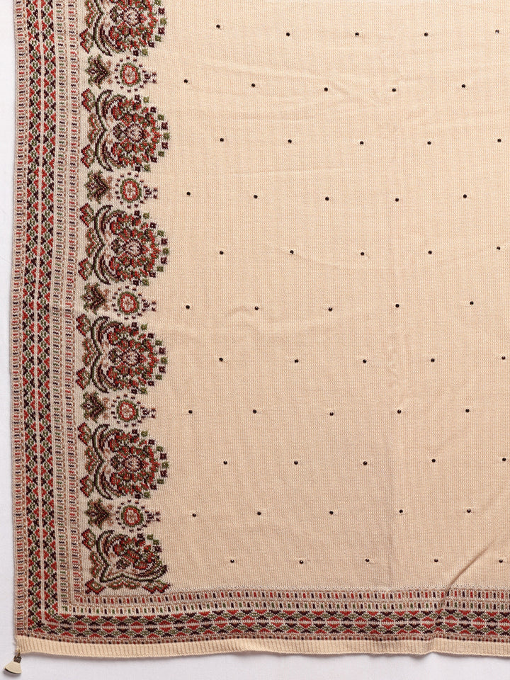 Cream Woven Design Wool Women's Shawl