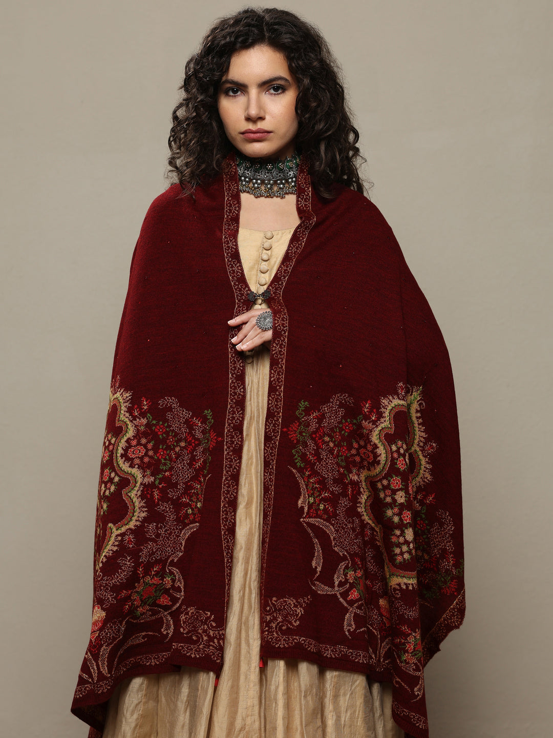 Maroon Woven Design Wool Women's Shawl