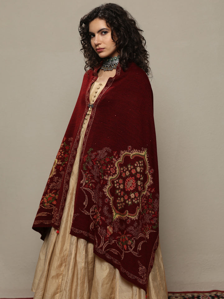 Maroon Woven Design Wool Women's Shawl