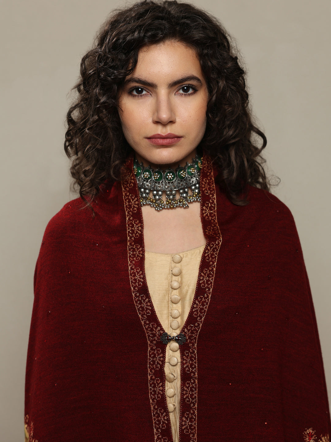 Maroon Woven Design Wool Women's Shawl