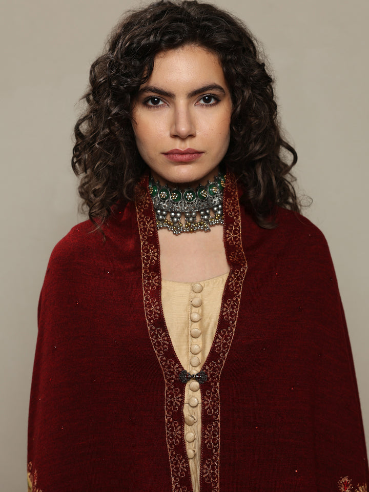Maroon Woven Design Wool Women's Shawl
