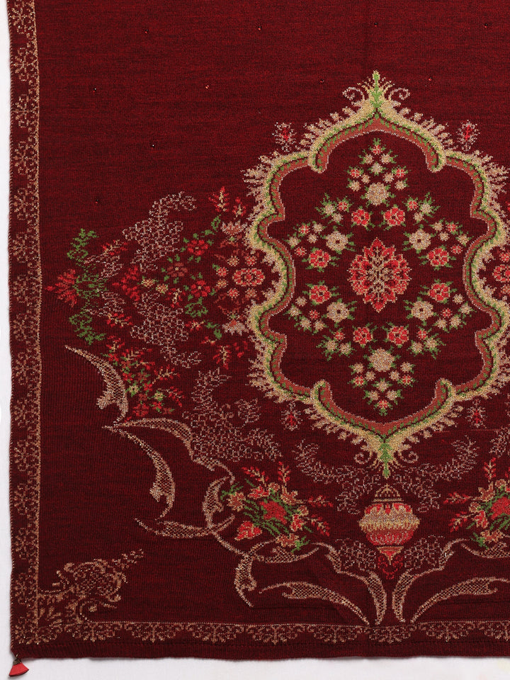 Maroon Woven Design Wool Women's Shawl