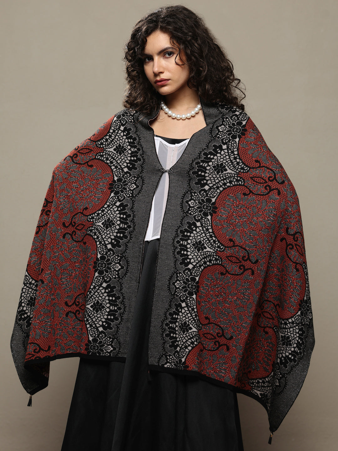 Rust Woven Design Wool Women's Shawl