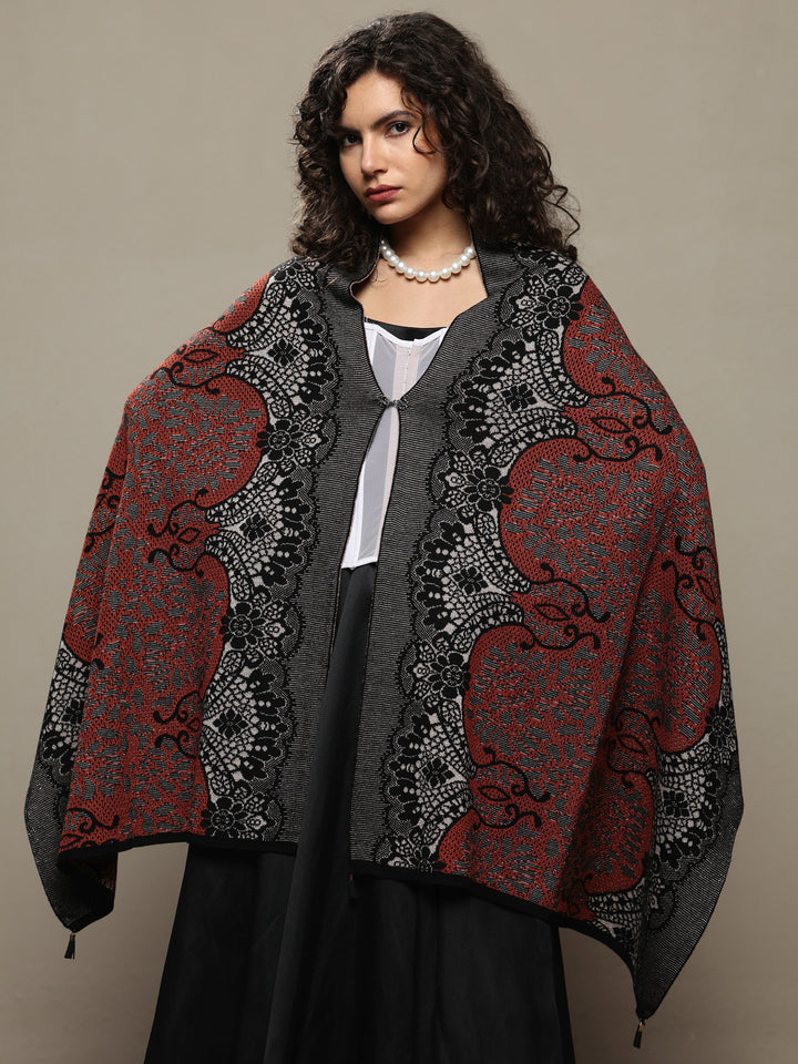 Rust Woven Design Wool Women's Shawl