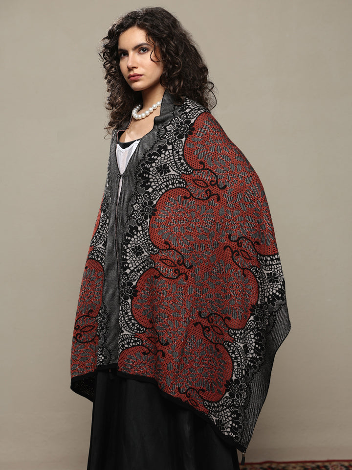 Rust Woven Design Wool Women's Shawl