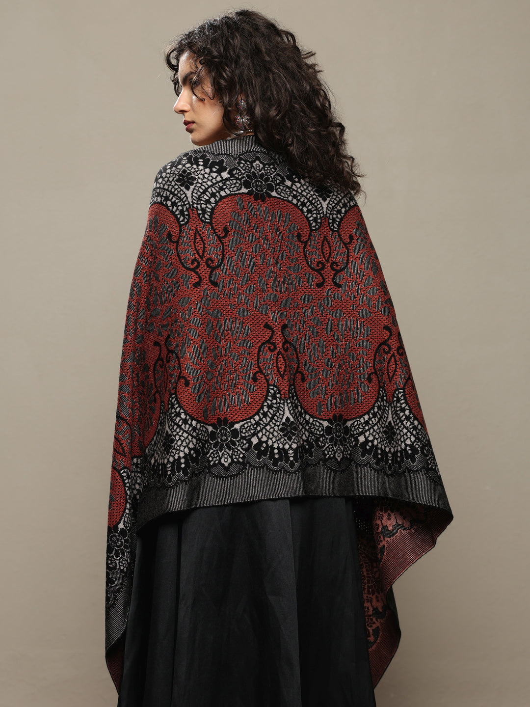 Rust Woven Design Wool Women's Shawl