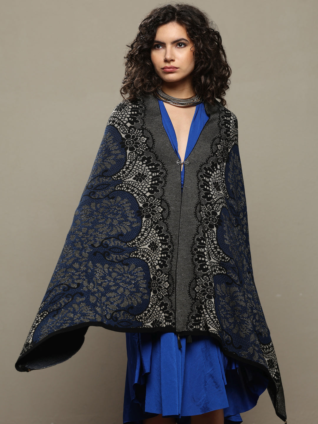 Blue Woven Design Wool Women's Shawl