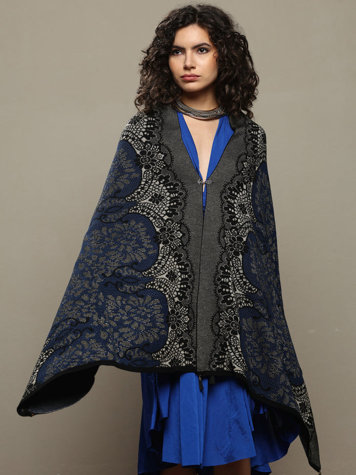 Blue Woven Design Wool Women's Shawl