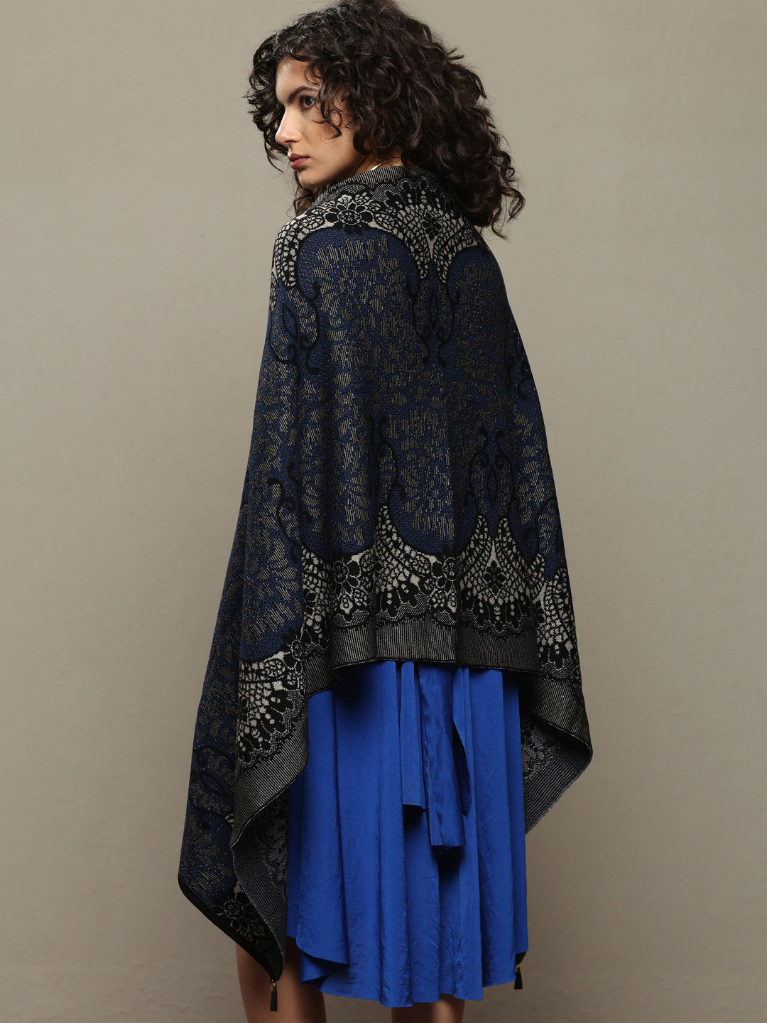 Blue Woven Design Wool Women's Shawl