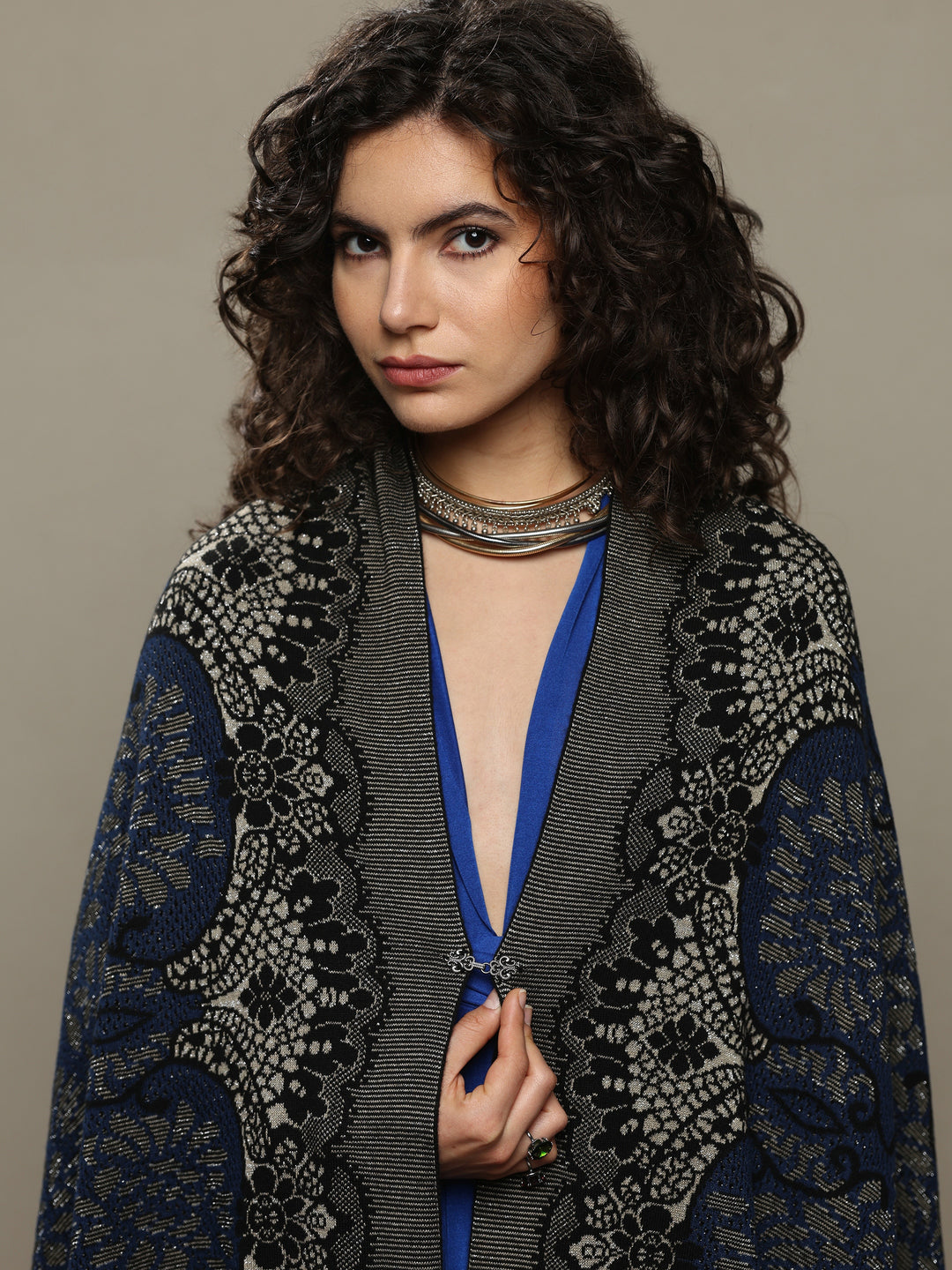 Blue Woven Design Wool Women's Shawl