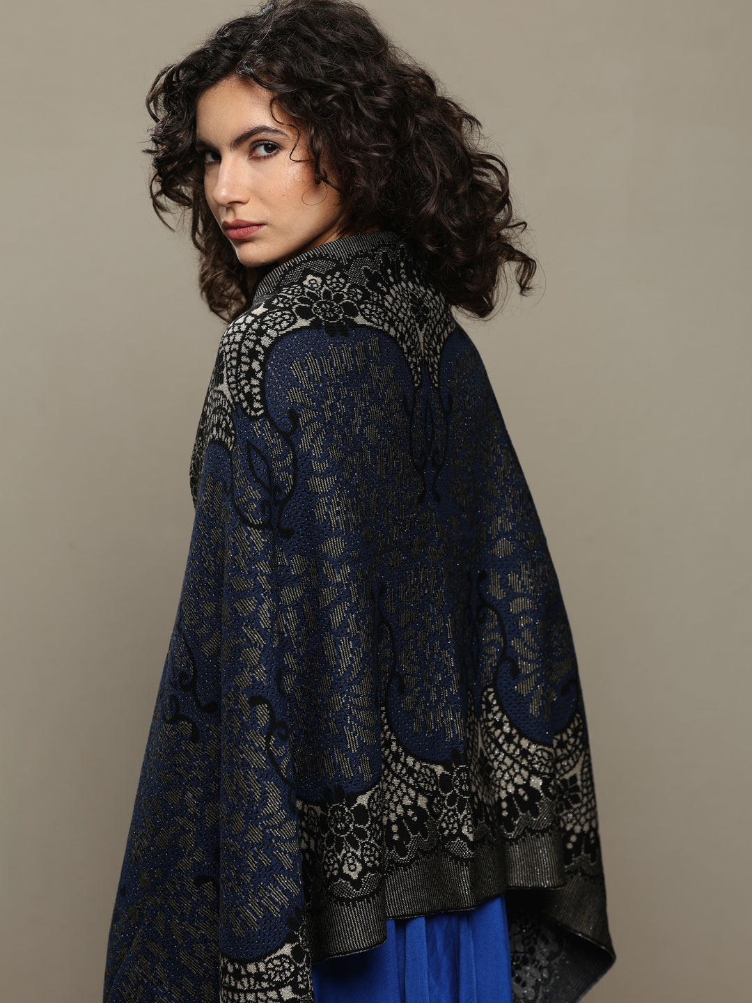 Blue Woven Design Wool Women's Shawl