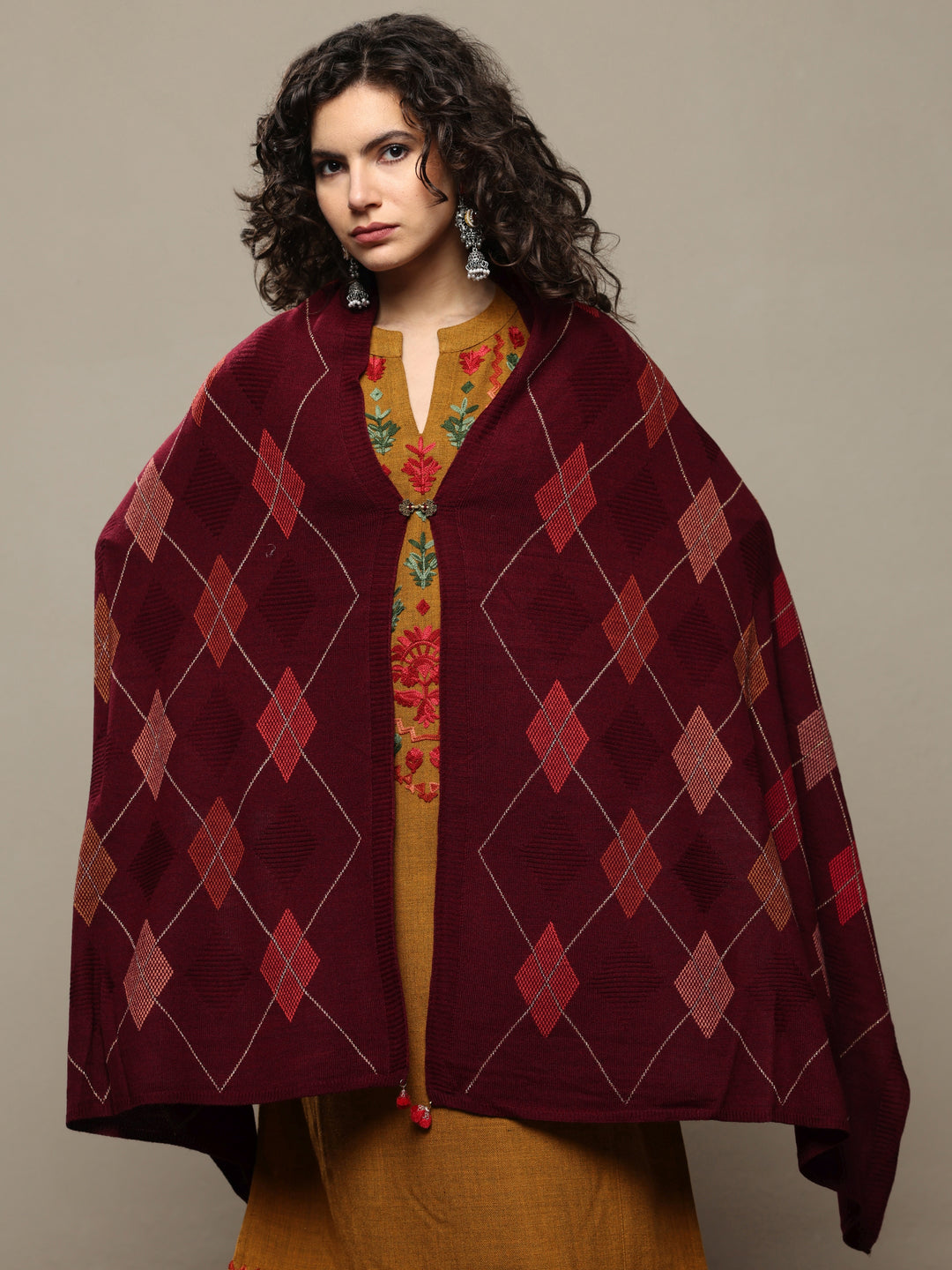 Maroon Woven Design Wool Women's Shawl
