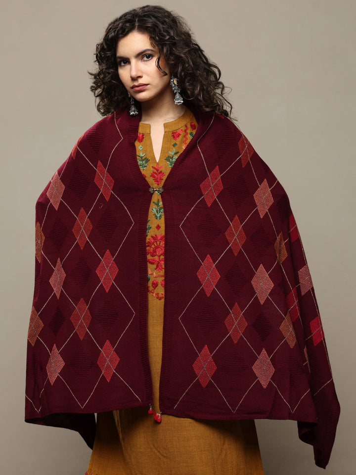 Maroon Woven Design Wool Women's Shawl