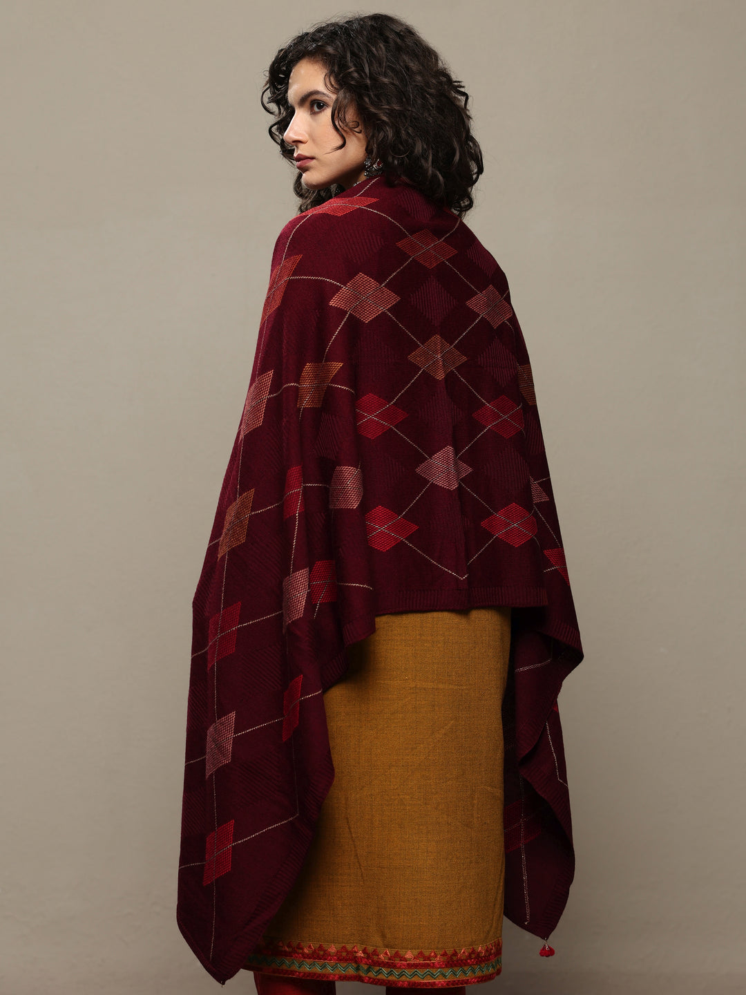 Maroon Woven Design Wool Women's Shawl