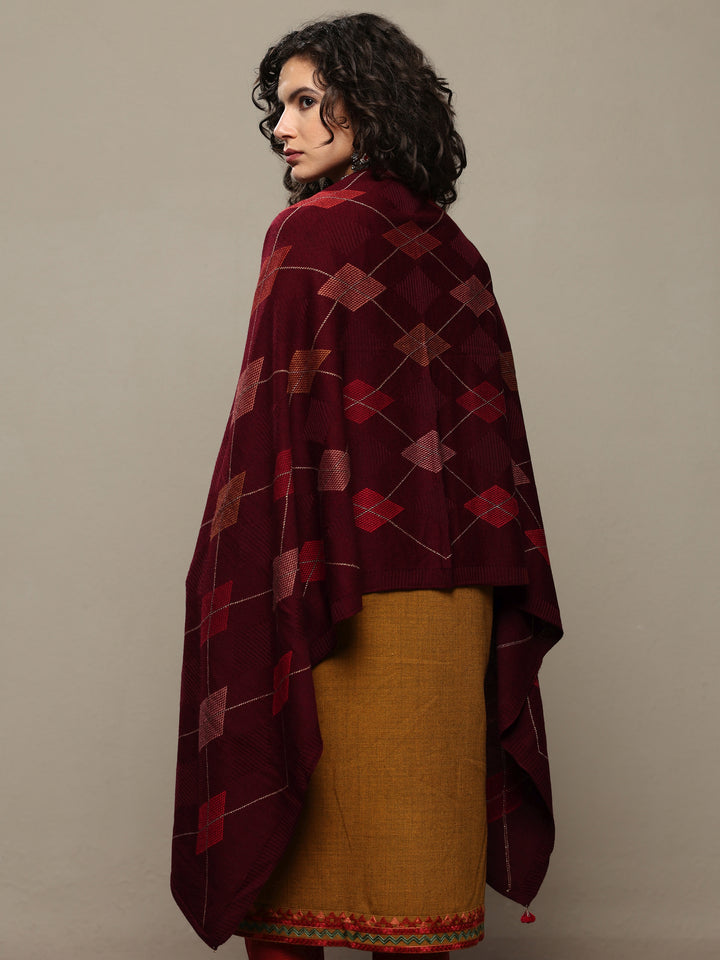 Maroon Woven Design Wool Women's Shawl